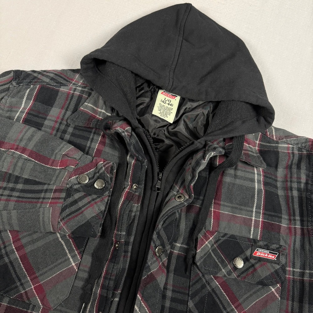 Dickies Mens Quilted Lined Hooded Flannel Shirt Jacket Grey Red Plaid Large